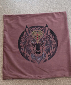 Cocoa brown velvet cushion cover with a wolf print