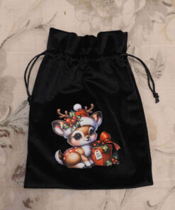 Black velvet bag with Christmas deer 18 x 24 cm