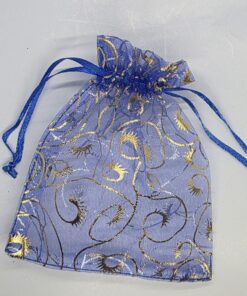 Sinine organza kott kuldse mustriga 10,5 x 12 cm