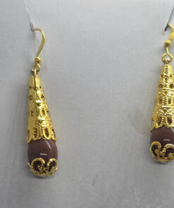 Brown bead golden cone shape drop earrings