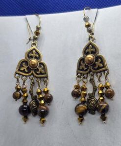 Tiger eye lily motif bronze long hook earrings