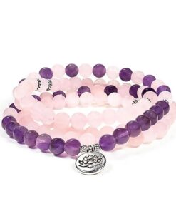 Mala rose quartz/amethyst elastic with lotus<br>