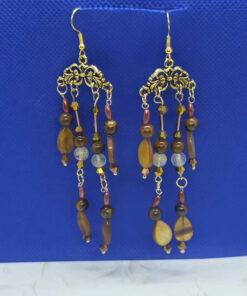 Tiger eye/shell long antique golden earrings