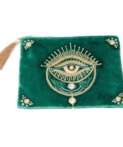 Zippered velvet pouch green with tarot eye